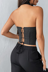 Halter Neck Tie Striped Print Casual Corset - Black