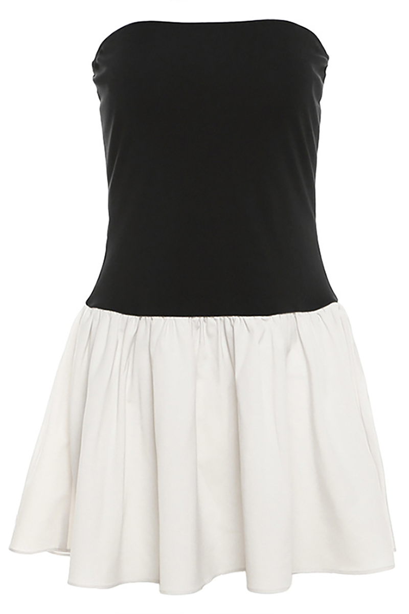 Boat Neck Strapless A - Line Pleated Colorblock Mini Dresses - Black
