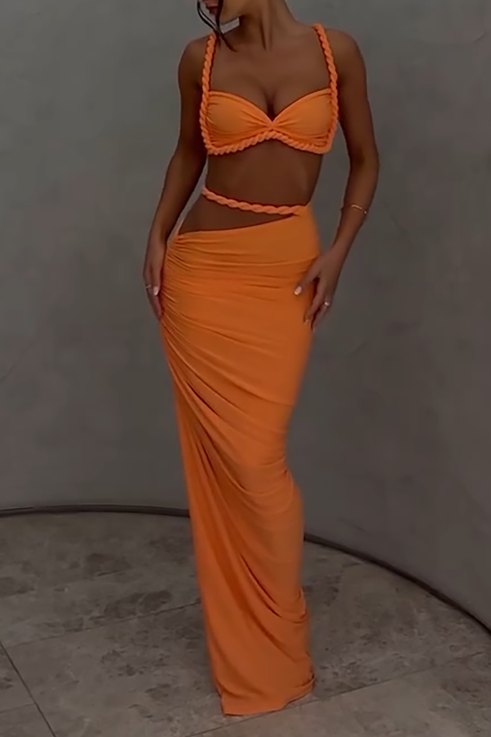 Braided Crop Cami Ruched High Slit Maxi Skirt 2pcs Set - Orange