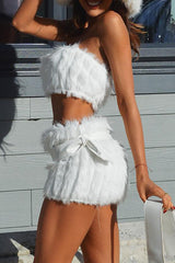 Fuzzy Crop Tube Top Mini Skirt Matching Set - White