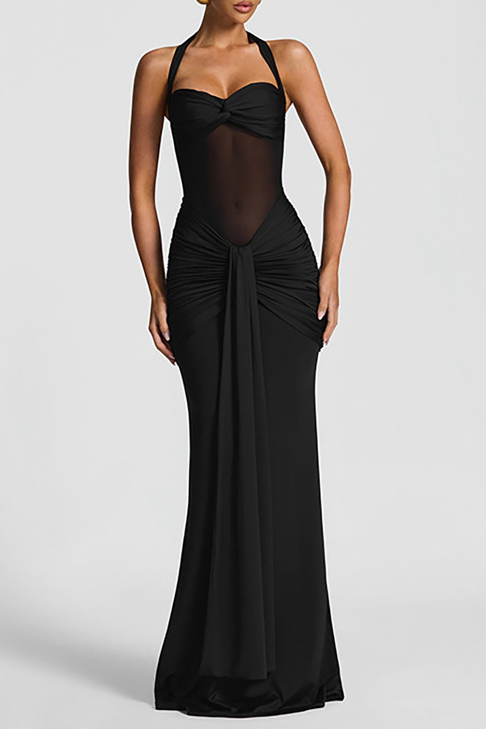Halter Neck Mesh Patchwork Ruched Streamer Slim Fit Maxi Dresses - Yellow