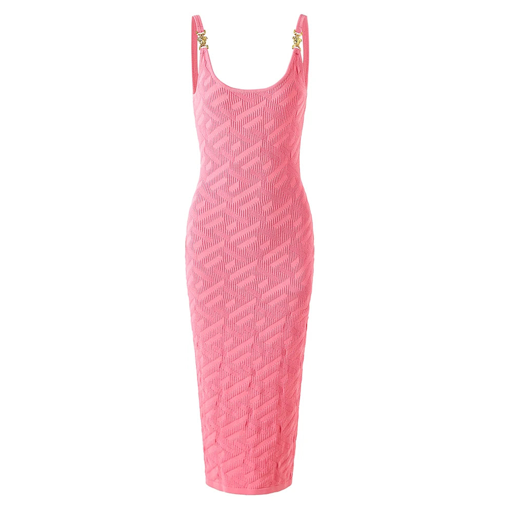 pink camisole dress with metal buckle knitted skirt waist cinching and slimming jacquard skirt