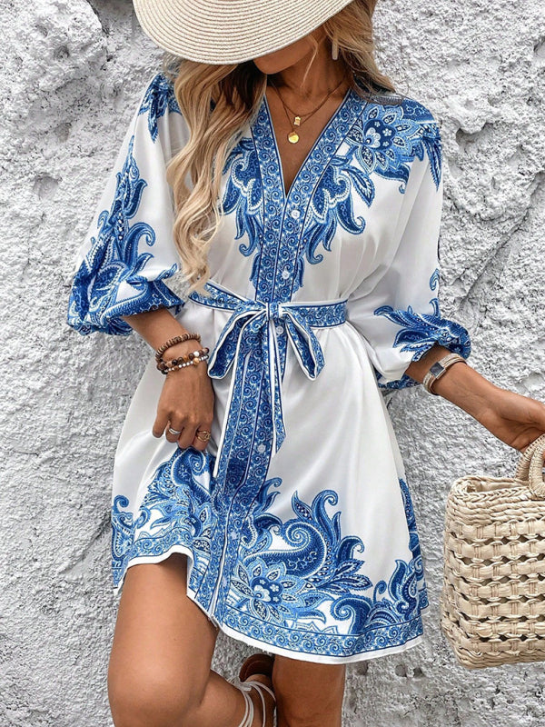 Printed V-Neck Three-Quarter Sleeve Tie-Waist Dress