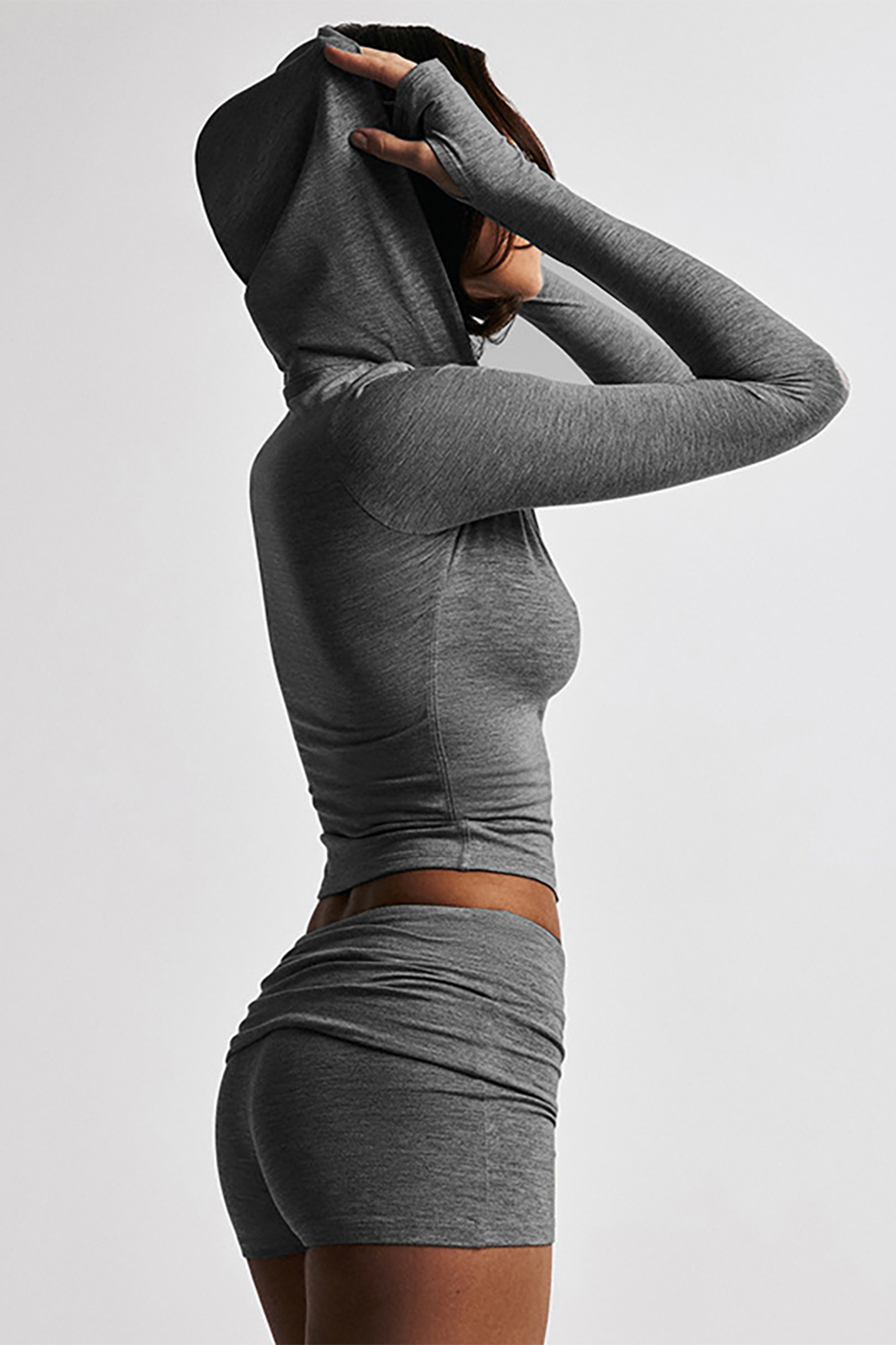 Zipper Long Sleeve Hoodie Solid Color Ruched Slim Fit Shorts 2pcs Set - Gray
