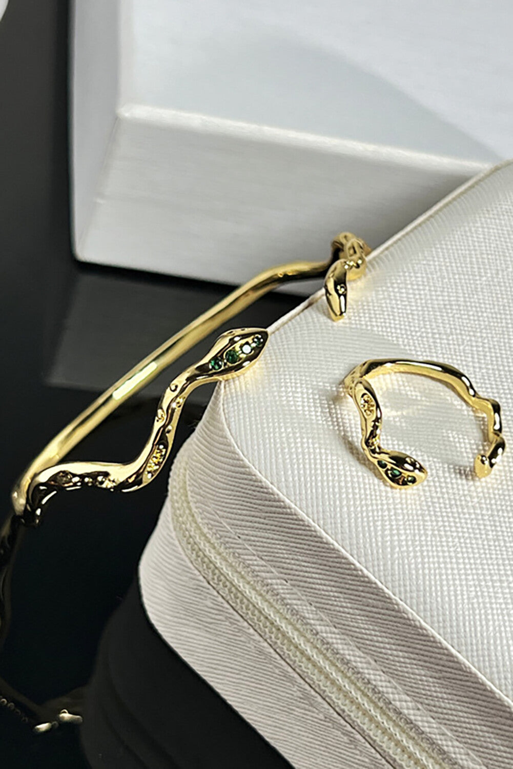 Rhinestone Snake - Shaped Irregular Open Bracelet Open Rings Jewelry Set