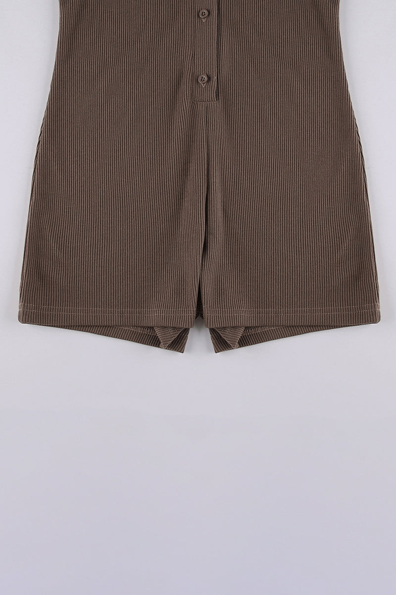 Turndown Collar Button Short Sleeve Textured Plain Romper Playsuits