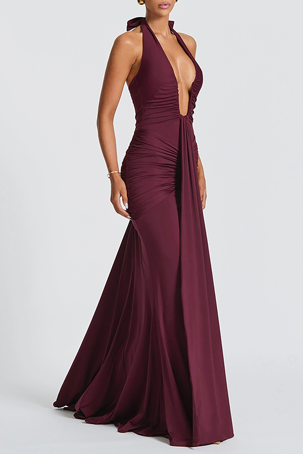 Deep V Neck Ruched Bodycon Solid Color Halter Maxi Dresses - Green