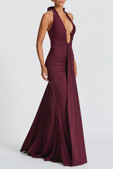 Deep V Neck Ruched Bodycon Solid Color Halter Maxi Dresses - Green