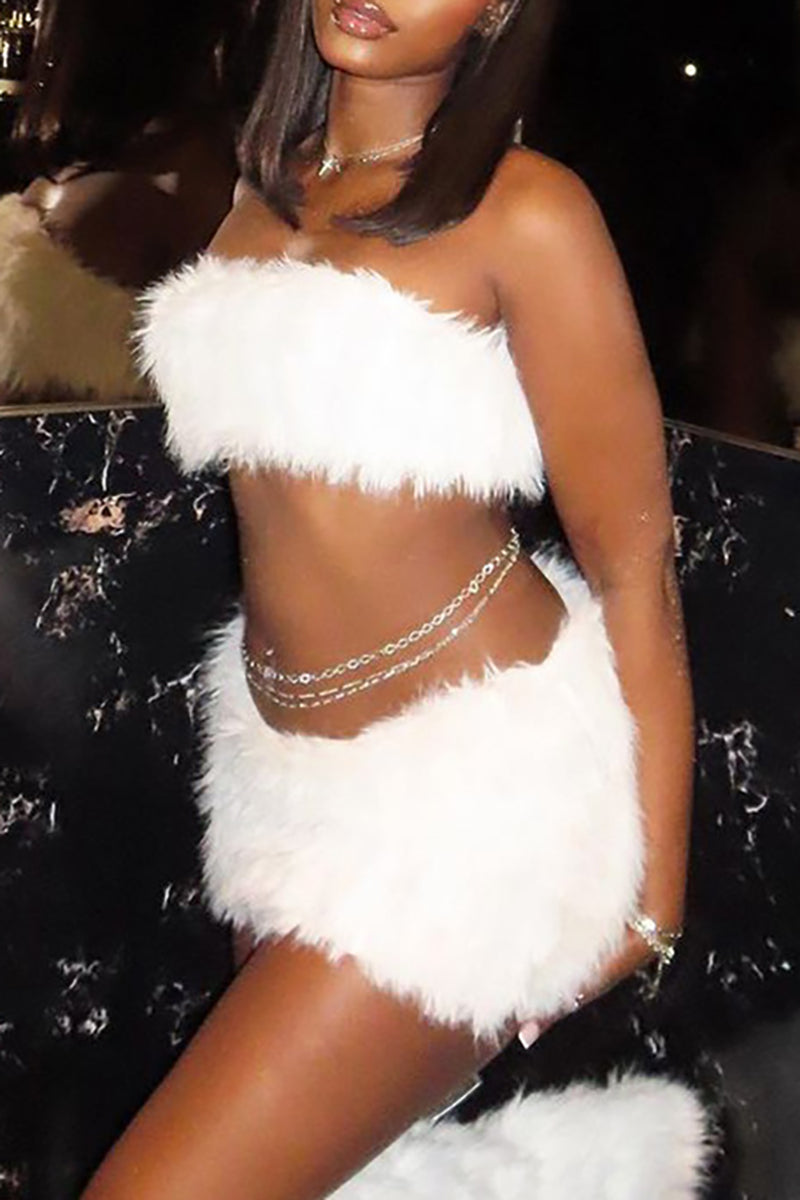 Fuzzy Crop Tube Top Mini Skirt Matching Set - White
