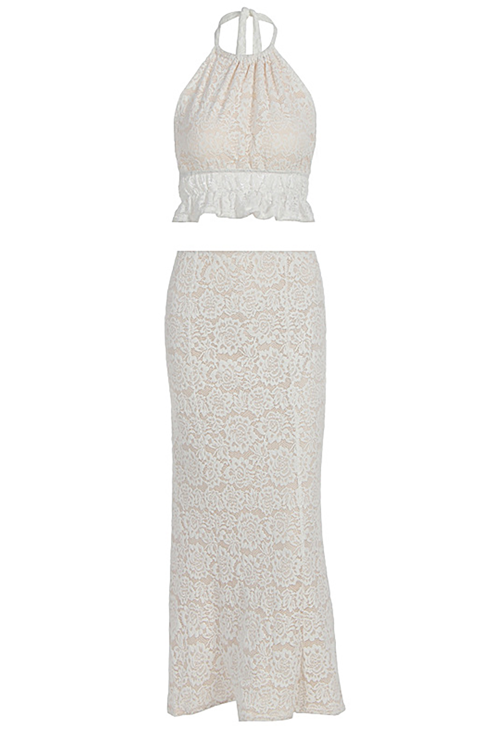 Halter Ruffled Crop Top Floral Lace Bodycon Maxi Skirt 2pcs Set - OffWhite