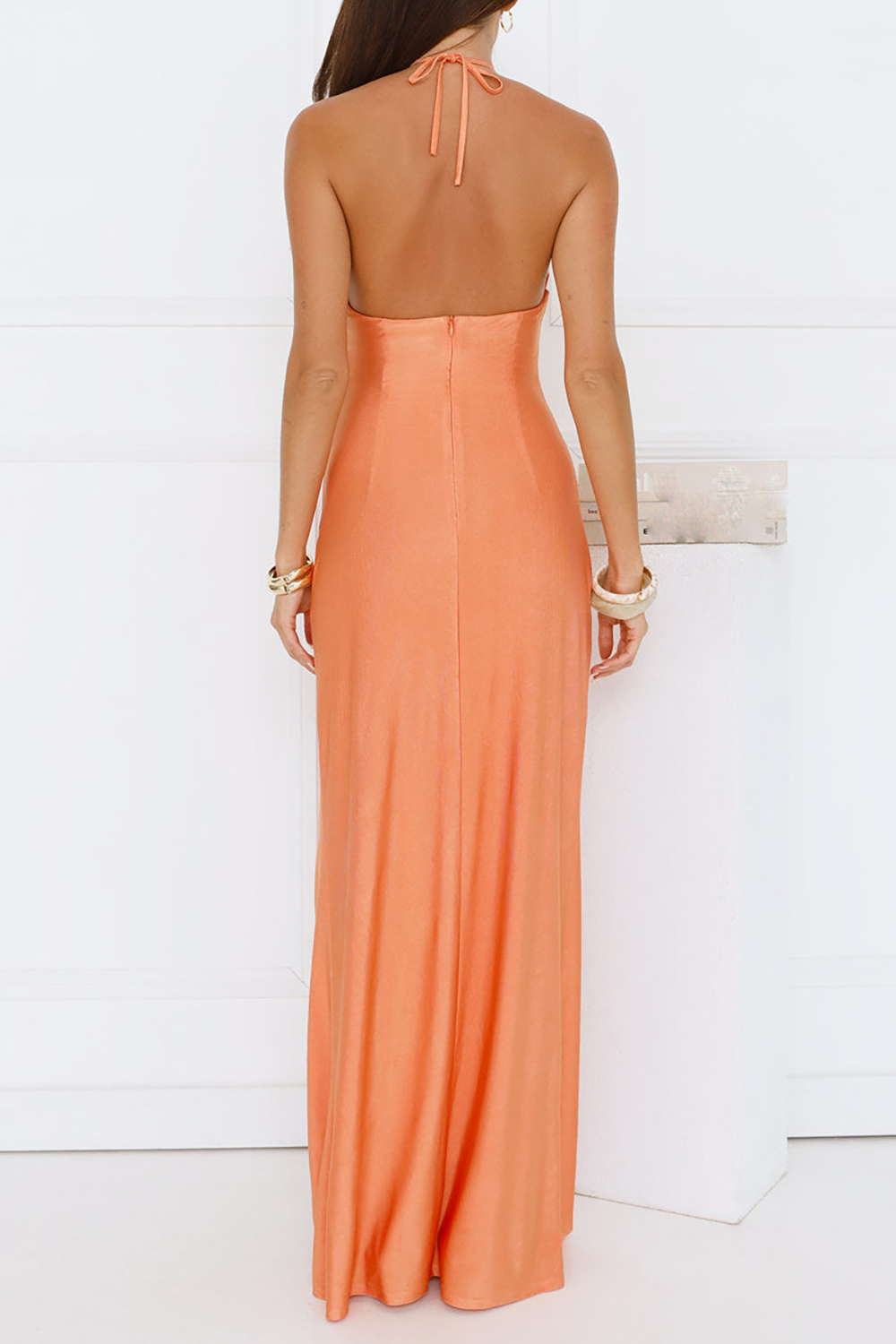 3D Flower Decor Cutout High Slit Halter Maxi Dresses - Orange Pre Order