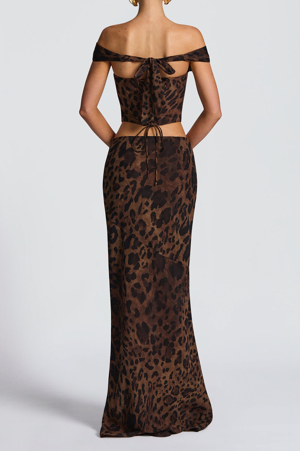 Leopard Print Off Shoulder Crop Top Slim Fit Maxi Skirt 2pcs Set - Brown