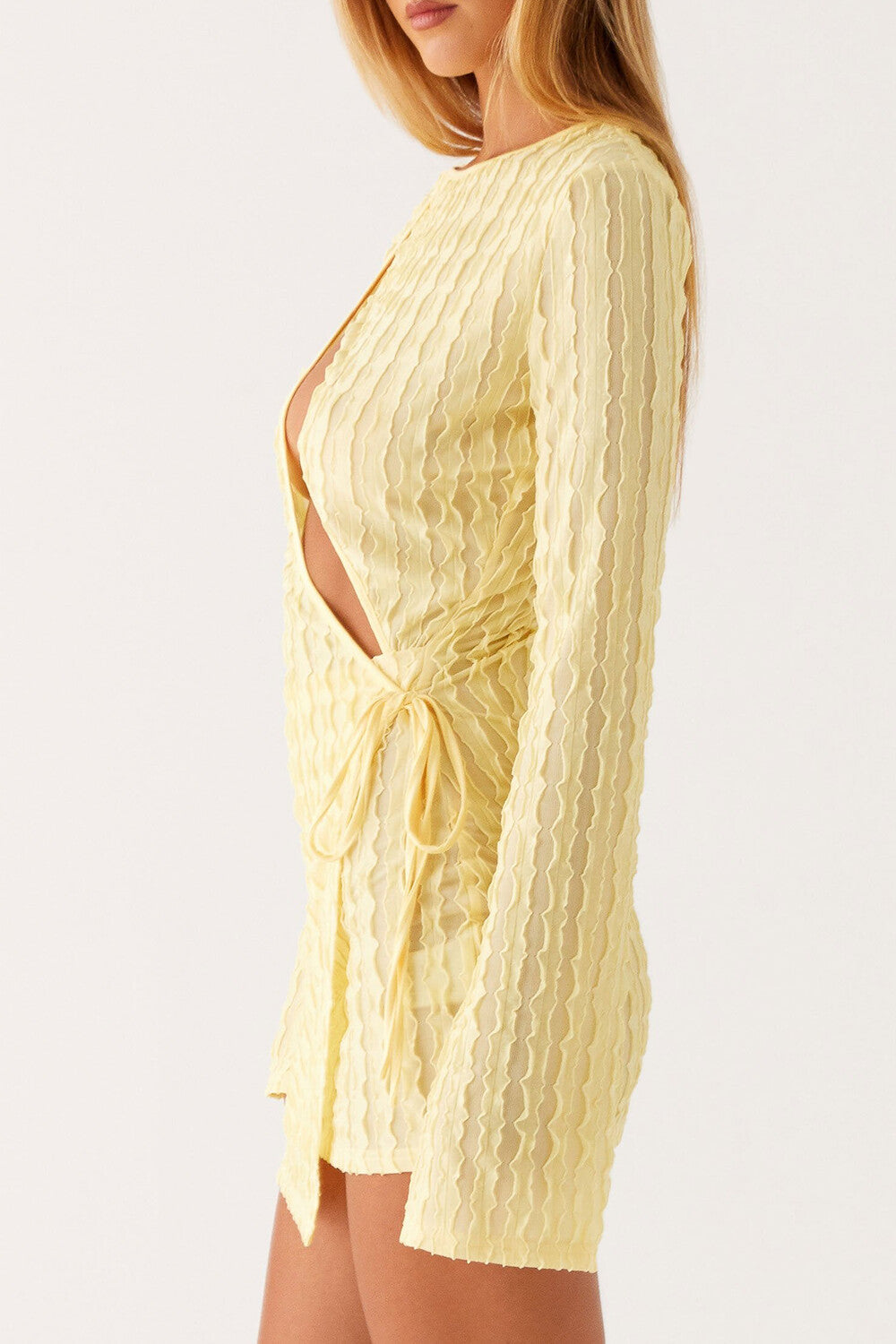 Round Neck Long Sleeve Cutout Tie Up Textured Mini Dresses - Yellow