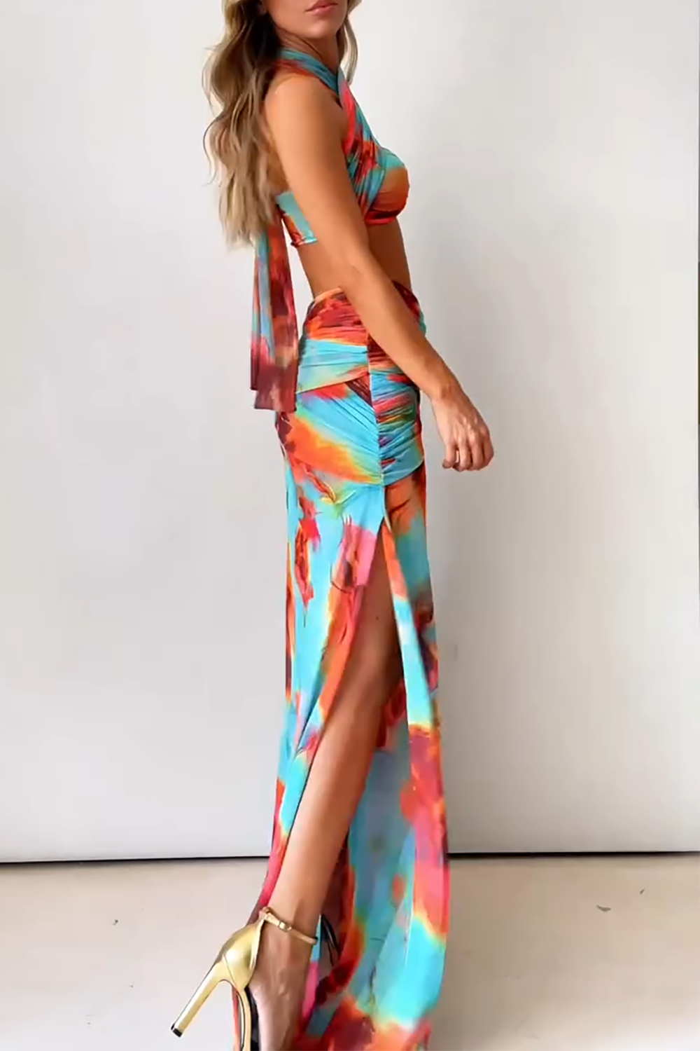 Abstract Print Halter Crop Top Side Slit Maxi Skirt 2pcs Set - Blue
