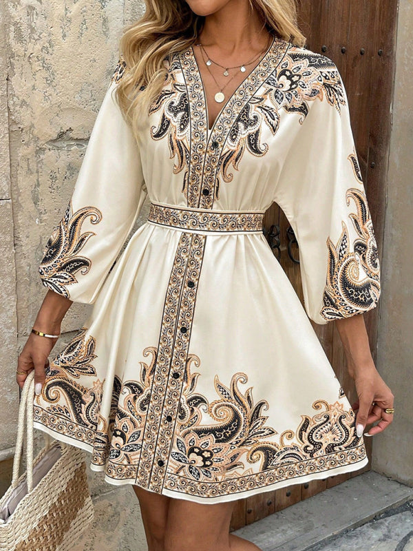 Printed V-Neck Three-Quarter Sleeve Tie-Waist Dress