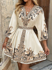 Printed V-Neck Three-Quarter Sleeve Tie-Waist Dress