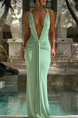 Deep V Neck Tie Up Open Back Ruched Bodycon Sleeveless Maxi Dresses - Green