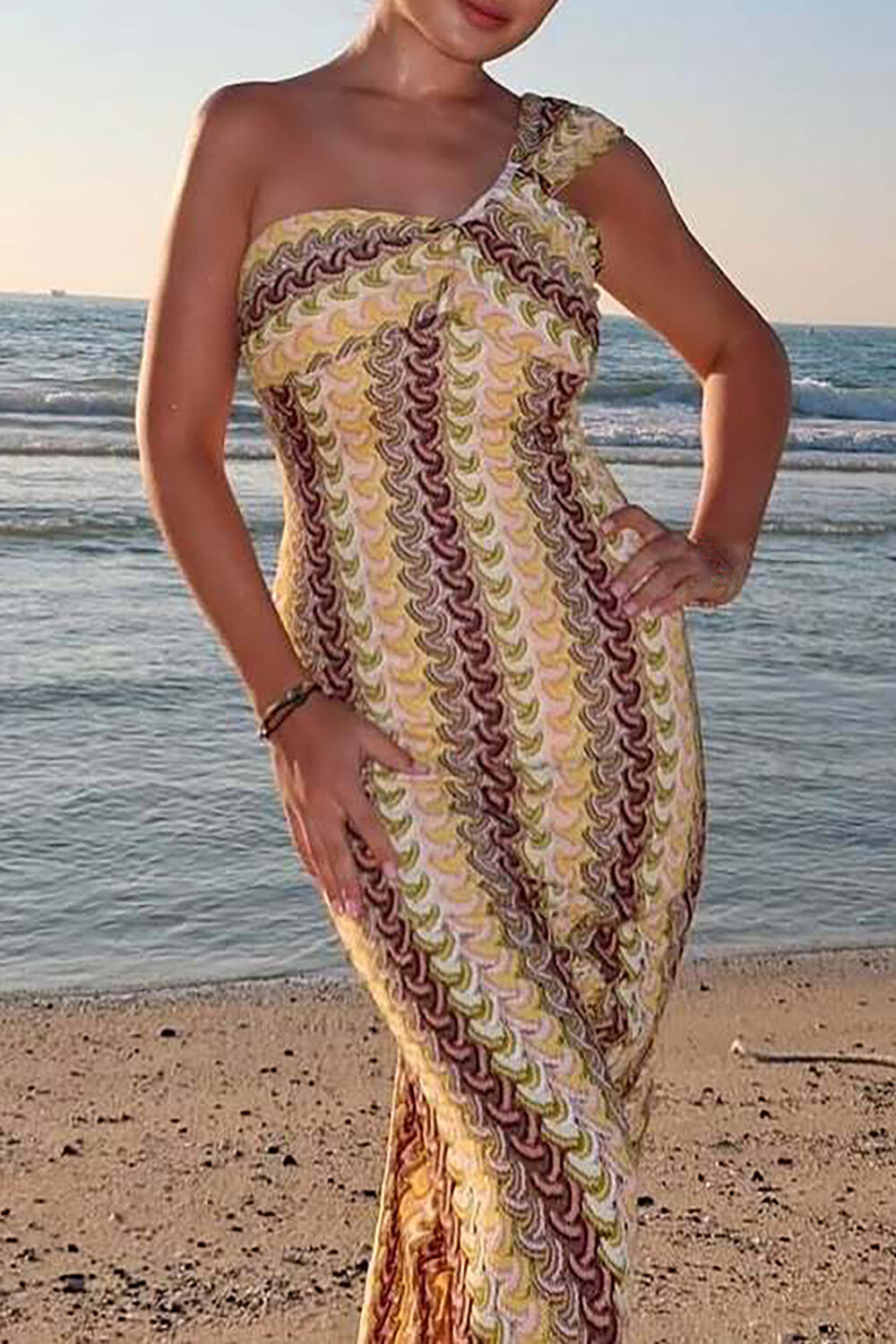 Abstract Striped Knit One Shoulder Bodycon Vacation Maxi Dresses - Yellow