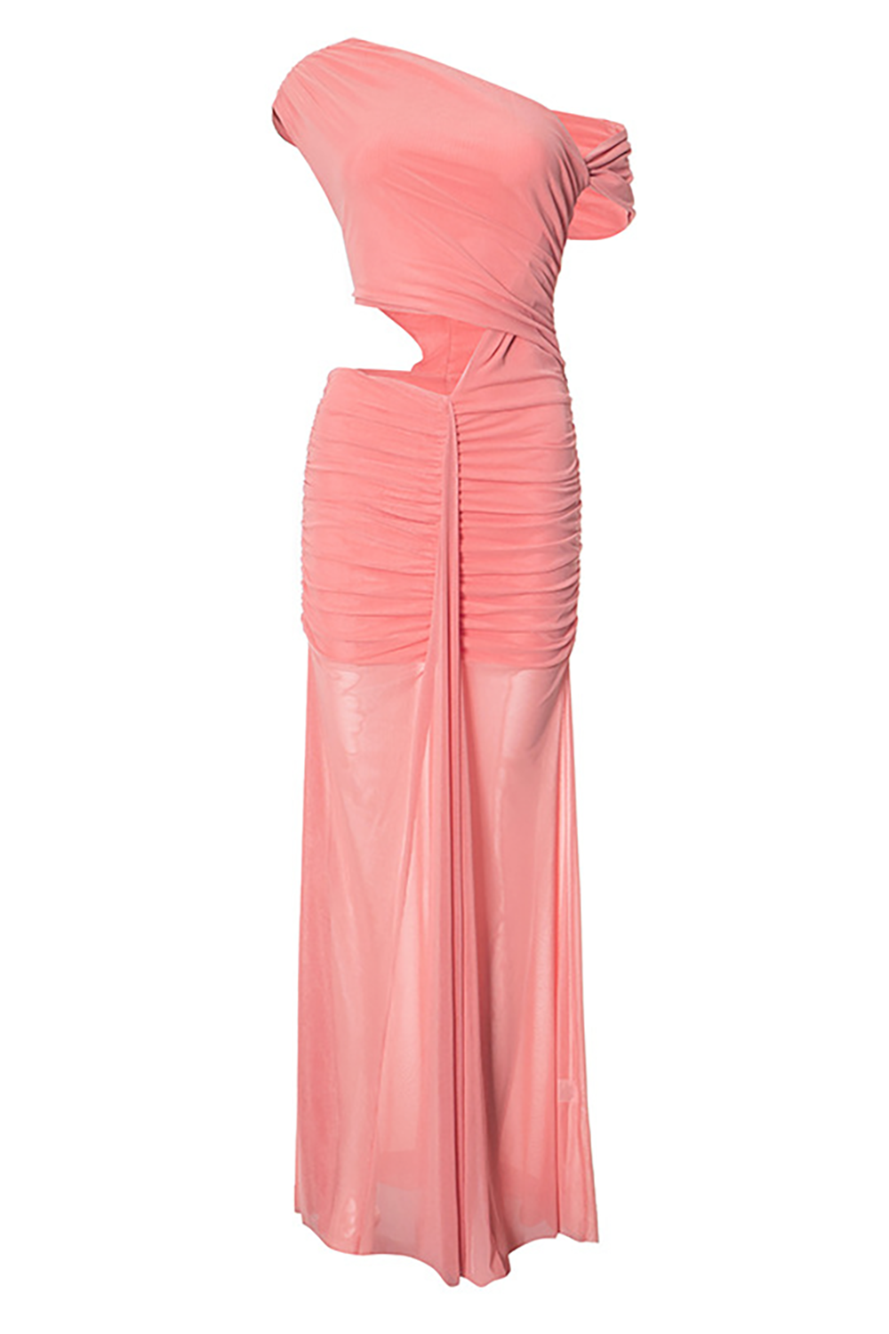 Skew Neck Waist Cutout Ruched Slim Fit Semi Sheer Hem Maxi Dresses - Pink