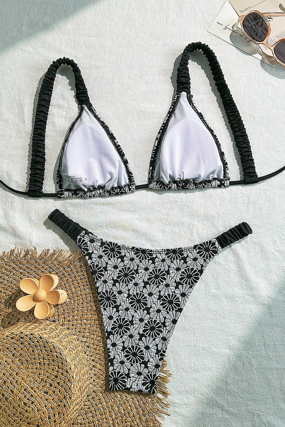 Floral Pattern Cami Bikini Top Swimsuit Two - Piece Set - Black