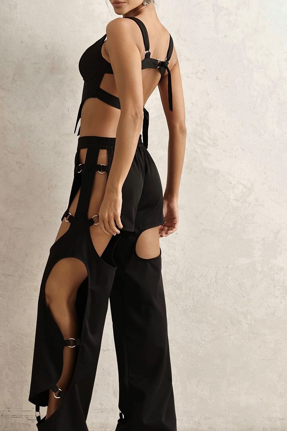 Irregular Crop Cami Cutout Straight Leg Pants 2pcs Set - Black Pre Order
