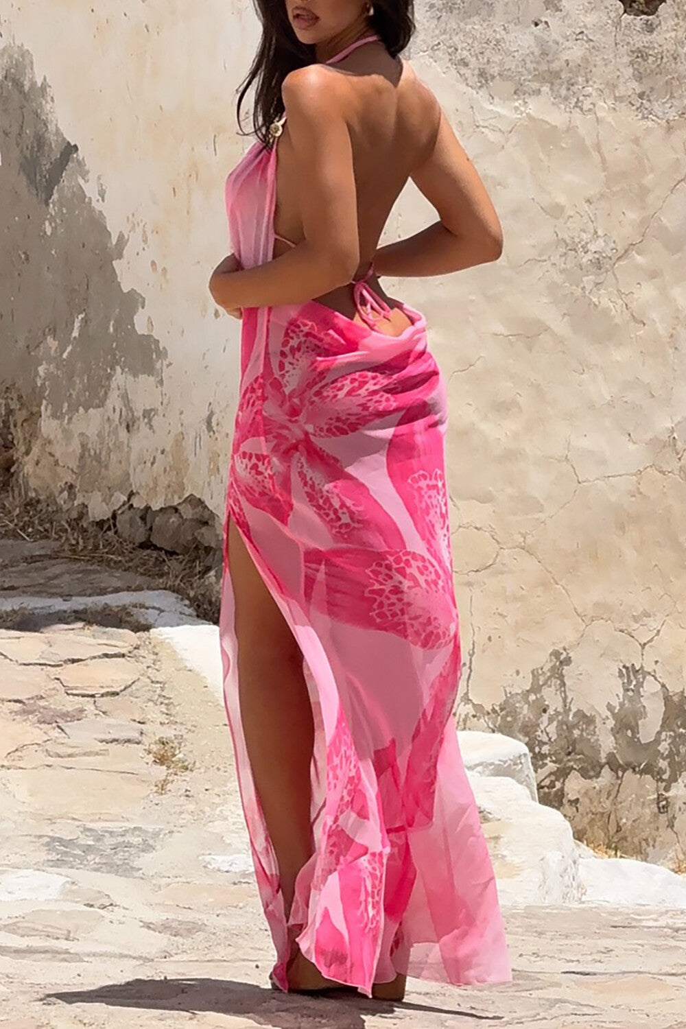 Halter Cowl Neckline Floral Print Slit Maxi Dresses - Pink Pre Order