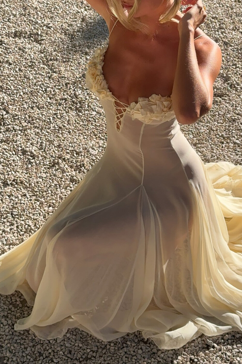 Petal Decor Ruffled Hem See Through Slip Midi Dresses - Beige Pre Order