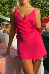 Cowl Neckline Bodycon Backless Fringed Slip Mini Dresses - Fuchsia Pre Order