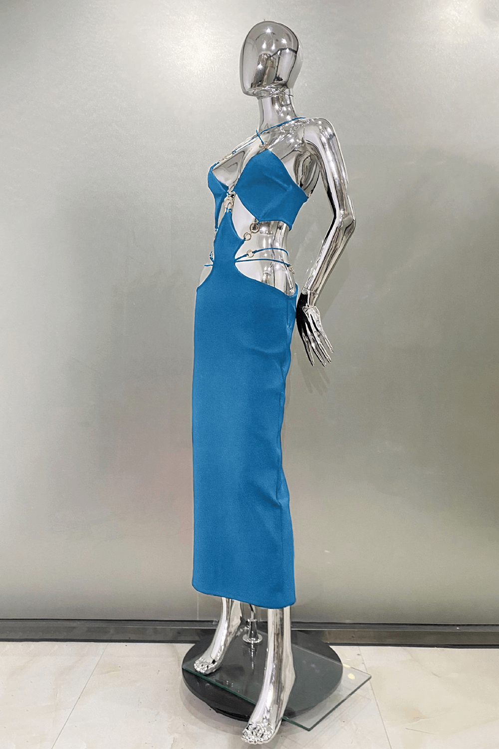 Deep V Neck Cutout Slim Fit Slip Midi Dresses - Blue