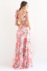 Floral Print Ruffled Straps Lace Up Backless Maxi Dresses - Pink