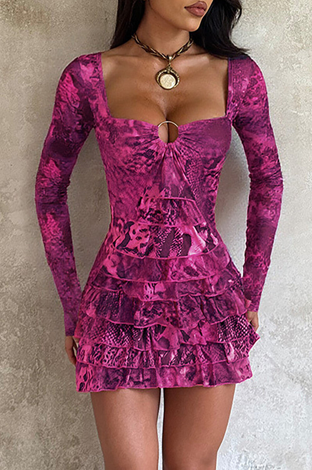 Irregular Neck Long Sleeve Mixed Print Layered Ruffled Mini Dresses - Purple