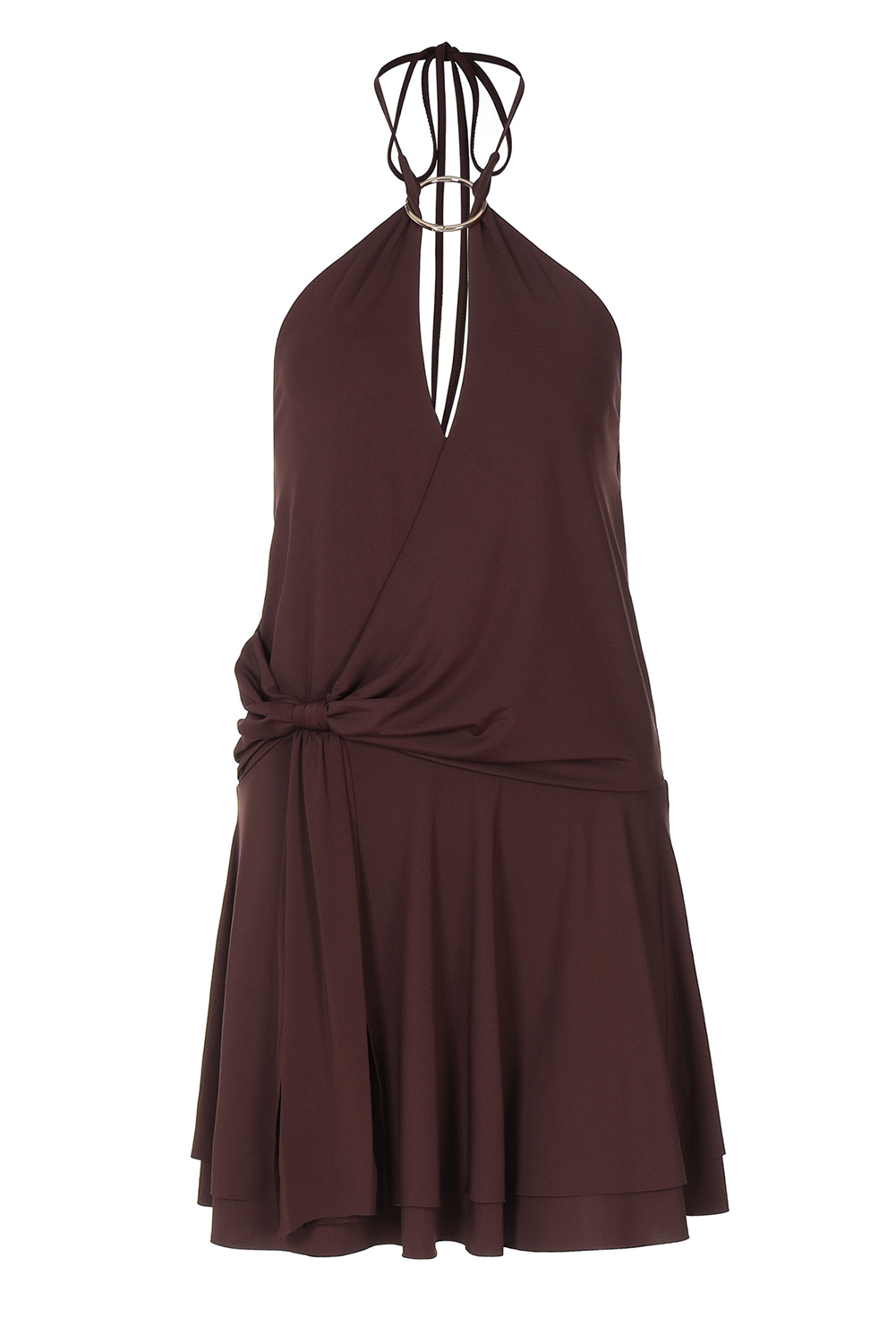 Plunge Neck O - Ring Patchwork Halter Knotted Solid Color Mini Dresses - Black