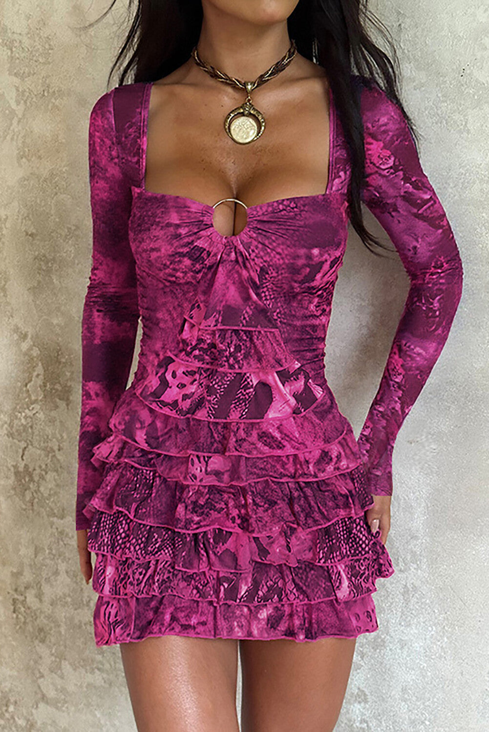 Irregular Neck Long Sleeve Mixed Print Layered Ruffled Mini Dresses - Purple