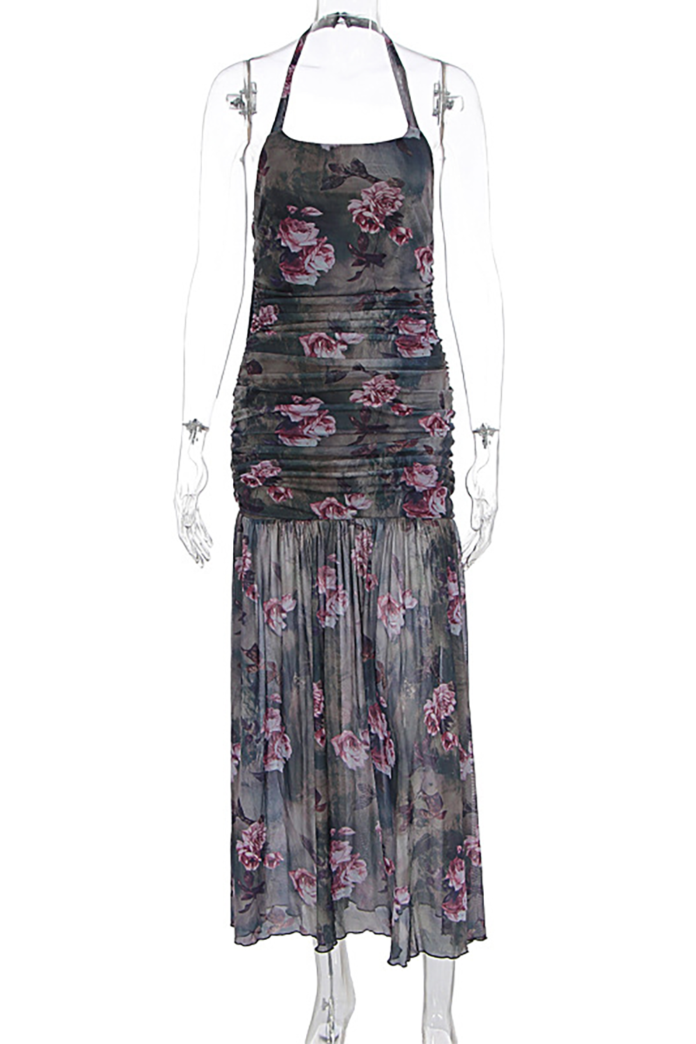 Floral Print Ruched Semi - Fitted See Through Hem Halter Maxi Dresses - Green