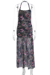 Floral Print Ruched Semi - Fitted See Through Hem Halter Maxi Dresses - Green
