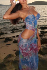 Floral Print Strapless Cutout Bodycon Maxi Dresses Blue