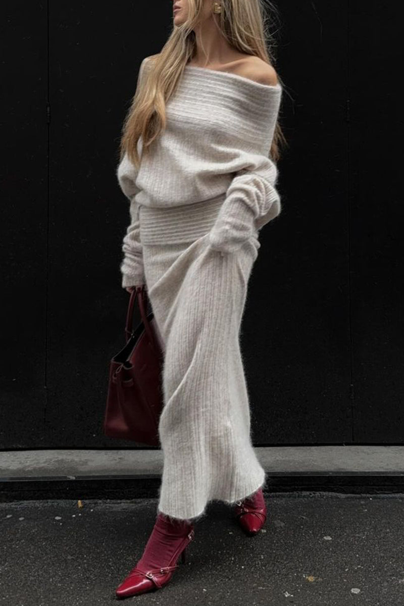 Off Shoulder Long Sleeve Sweater Textured Knit Maxi Skirt Matching Set - Beige