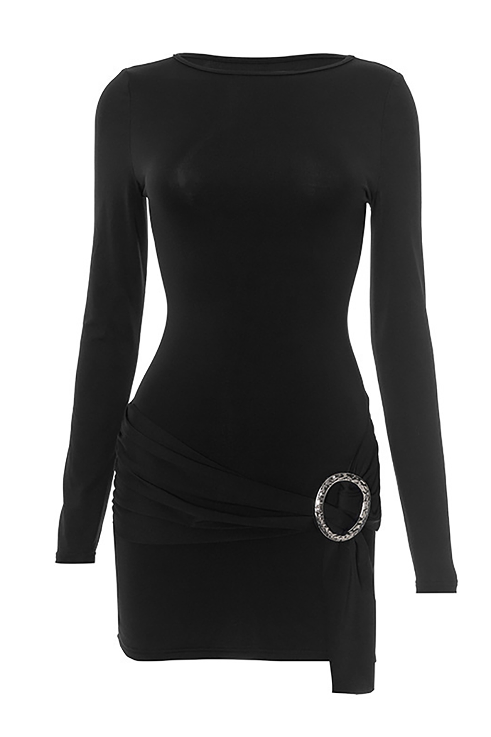 Round Neck Long Sleeve Metal O - Ring Ruched Fitted Mini Dresses - Black