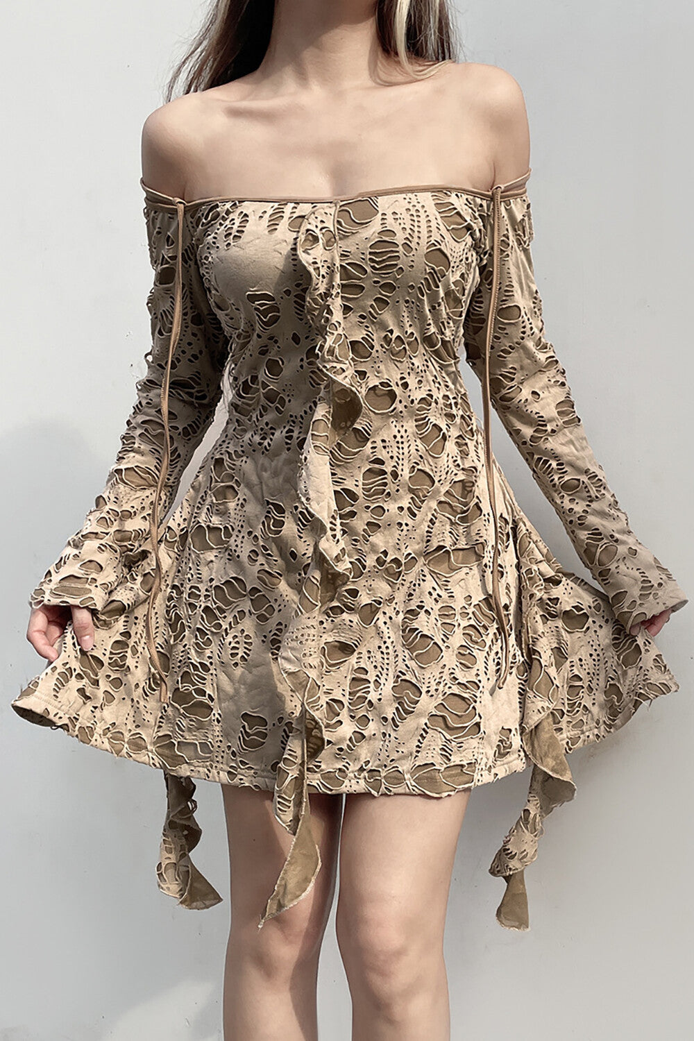 Off Shoulder Long Sleeve Ruffled Ripped Mini Dresses - Khaki