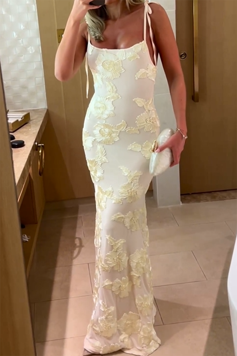Spaghetti Strap Floral Jacquard Bodycon Party Maxi Dresses - Beige