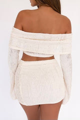 Knit Off Shoulder Crop Top Ruched Mini Skirt 2pcs Set - OffWhite Pre Order