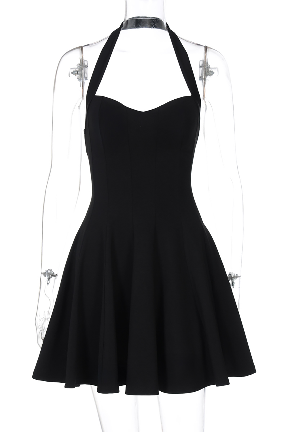 Halter Neck Cinch Waist Solid Color Mini Dresses - Black