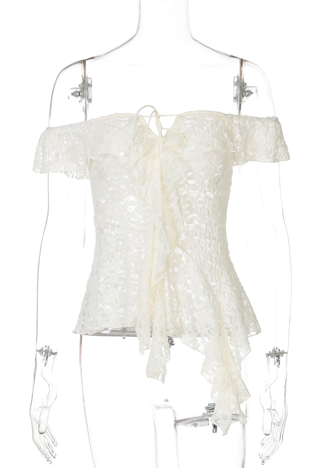 Jacquard Lace Off Shoulder Ruffled Top - Beige