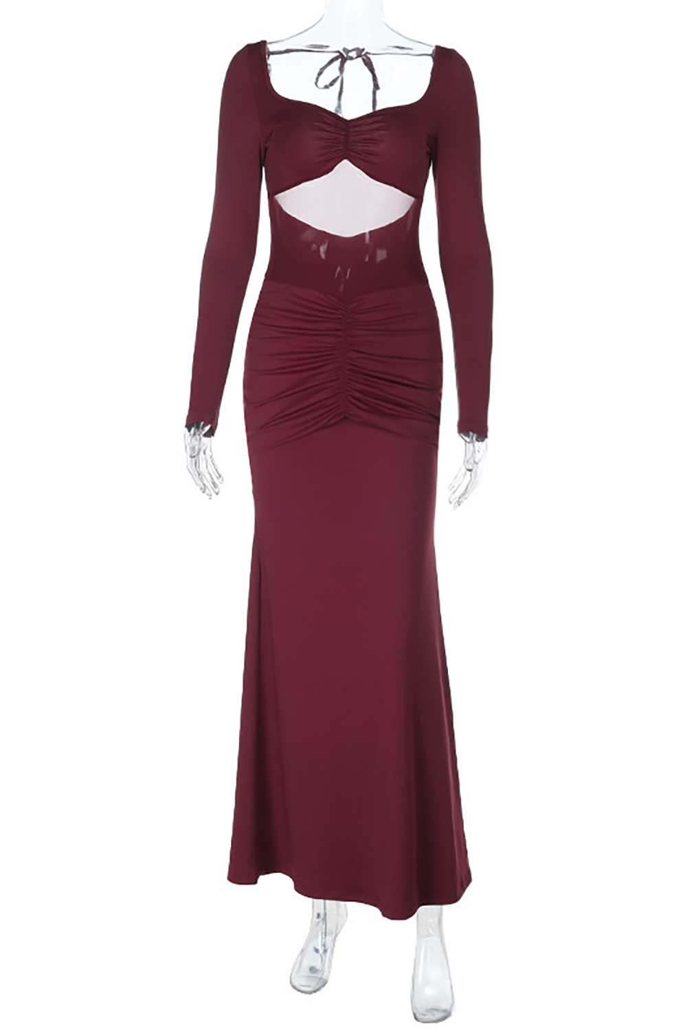 Sheer Mesh Patchwork Long Sleeve Ruched Slim Fit Backless Maxi Dresses - Burgundy