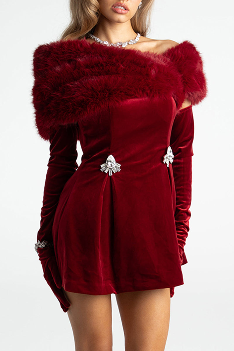 Off Shoulder Fuzzy Wrapped Rhinestone Pleated Party Velvet Mini Dresses - Red