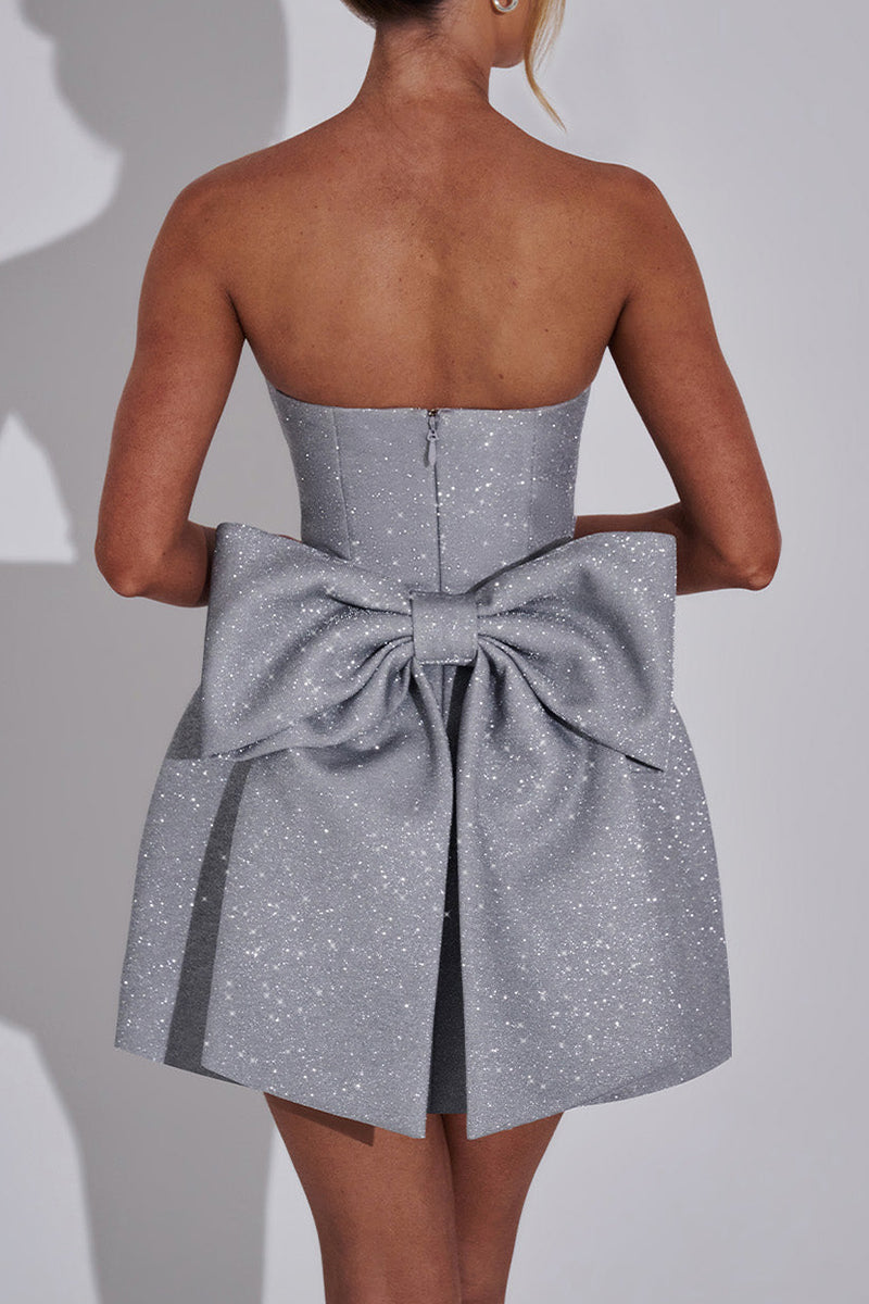 Glittering Bow Decor Tube A - Line Party Mini Dresses - Silver