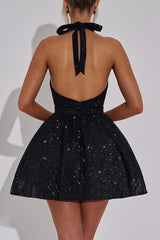 Deep V Neck Halter Glittering A - Line Party Mini Dresses - Black