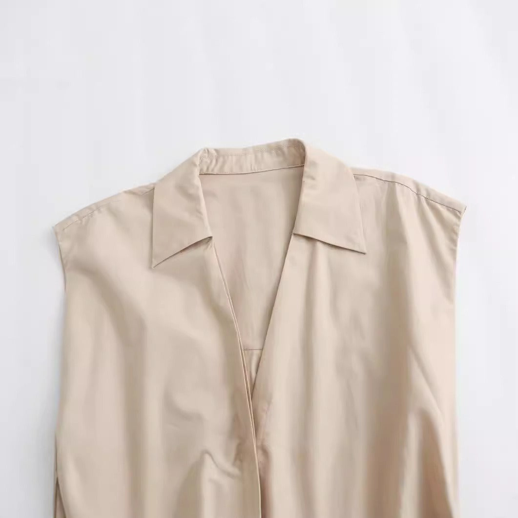V-neck single breasted belt with pleated sleeveless shirt style dress