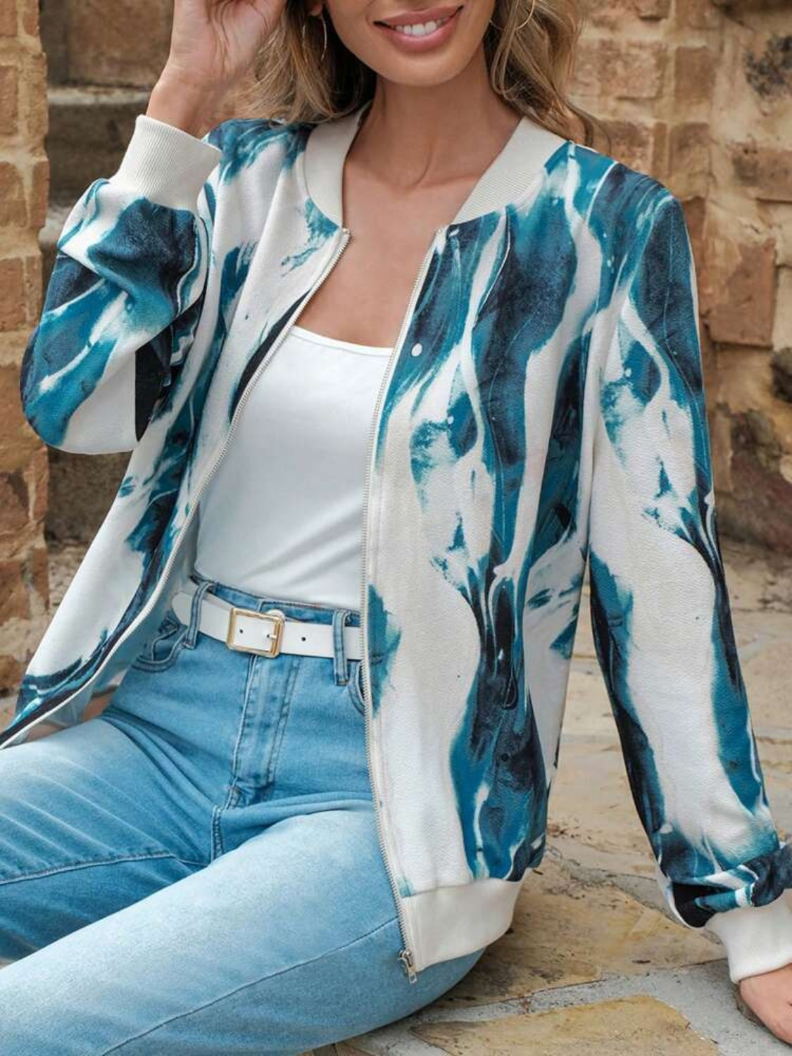 Jacke mit bedrucktem Baseballkragen und Reißverschluss