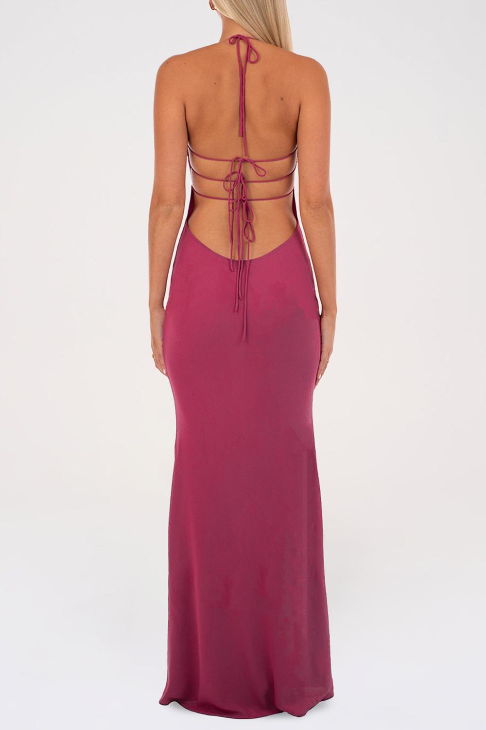 Floral Trim Sequin Beady Solid Color Halter Maxi Dresses - Fuchsia Pre Order